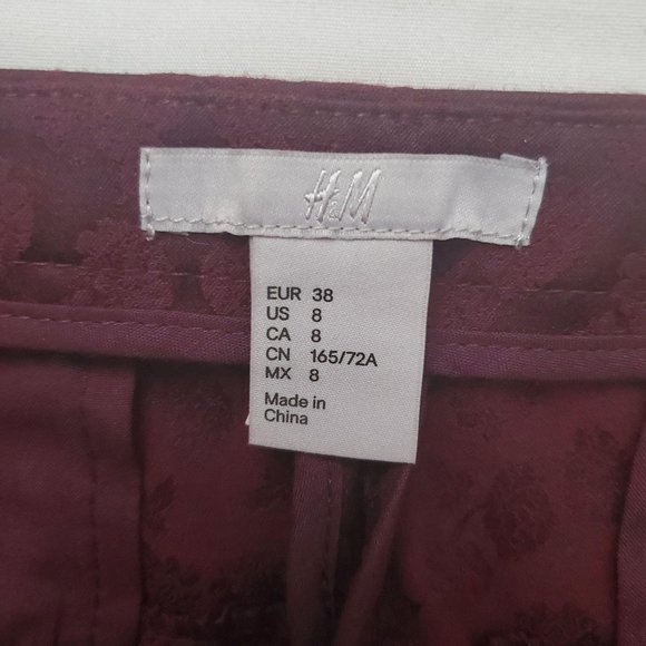 H&M Women’s Tonal Floral Print Burgundy Trouser Slim Leg Pants Size 8 NWT - Picture 7 of 15